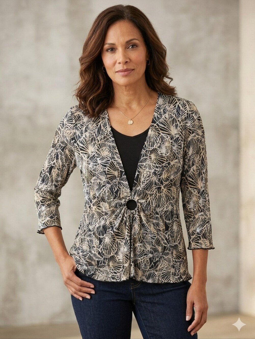 Allison Daley Black & White Leaf-Pattern Tie-Front Blouse